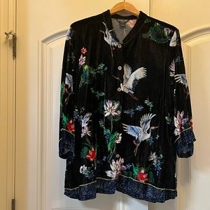 Citron Asian Inspired Garden Print Velvet Blouse in Size 2X